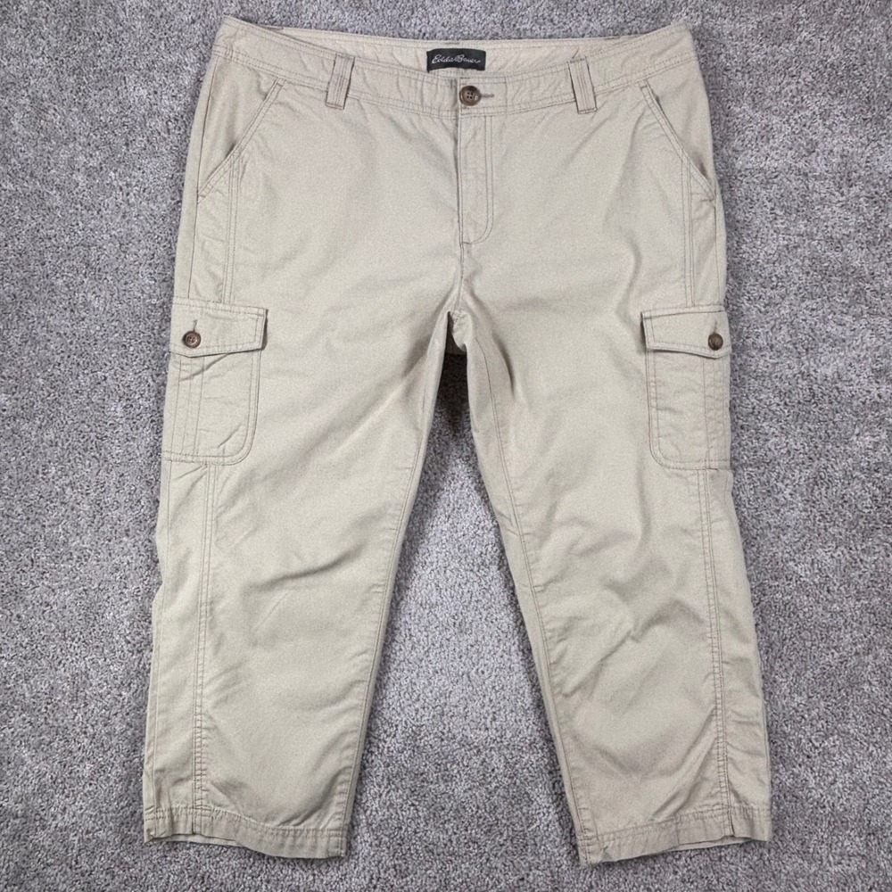 Eddie Bauer Womens 18 Khaki Cargo Crop Pants Cotton Straight Leg Beige Casual